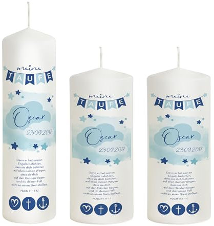 Liamoria® Taufkerze Junge blaue Wolken mit Name, Datum und Spruch 25 cm - Modell Oscar - Hochwertige Kerze zur Taufe (mit 2 Patenkerzen)