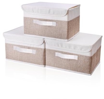 BAISHUN Aufbewahrungsbox mit Deckel, 3er Set Zusammenklappbare Organizer-Box aus Baumwolle-Leinen, 12 Liter,Aufbewahrungskorb für Badezimmer, Schreibtisch, Bad, Wäschekorb (26x19x16 cm)