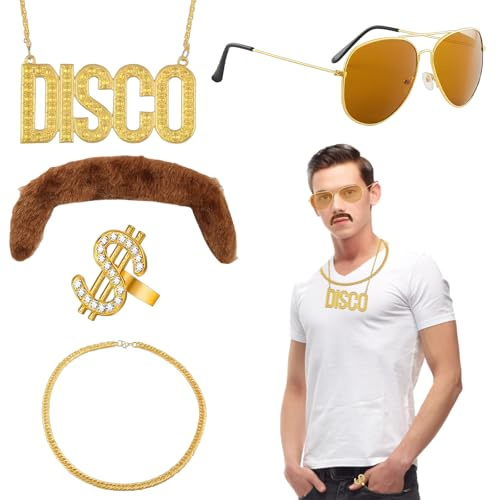 80er Jahre Outfit Herren, 5-teiliges Set für 70er, 80er und 90er Jahre Mottoparty, Disco Party, Karneval, Halloween, Cosplay, inklusive Teebrille, DISCO Kette, lange Goldkette, Ring und brauner Bart