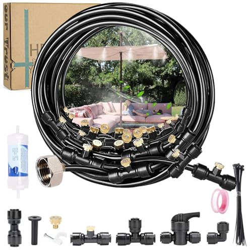 Brumisateur Terrasse, Tuyau Brumisateur Extérieur 10/18M avec Buses de Brume et Raccords, Kit Brumisateur eau Terrasse avec Filtre à Eau pour Jardin, Pergola, Parasol et Serre (18m)