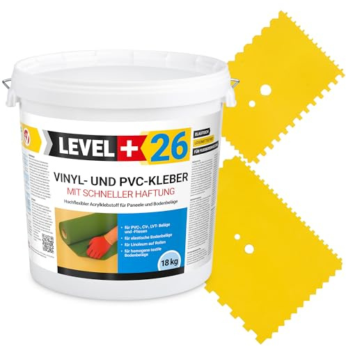 Level Plus 26 Vinylkleber PVC LVT CV Paneele Teppich 18 kg Vinyl Fliesen | Bodenbeläge Flex Klebstoff Bodenkleber Lösemittelfrei Schnelle Haftung + 2 St. Zahnspachtel Set