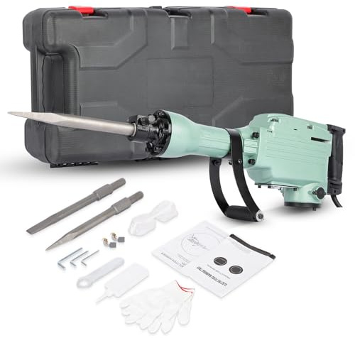 Martillo Demoledor 1600W 65J, Martillo Rompe Hormigón Eléctrico SDS-Hex Profesional con Mango Antivibración 360° Incluye Maletín con Ruedas y 2 Cinceles para Demolición de Paredes Suelos y Pavimento