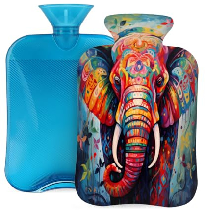 Oil Painting Boho Elephant Hot Water Bottle with Cover, 2L PVC Hot Water Bag for Pain Relief, Hand Foot Warmer, Hot & Cold Therapy with Removable Cover, Gift for Women Kids Family