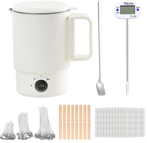 Jonuin Wax Melter, Non-Stick 800ML Electric Wax Melting Pot with Spout & Lid, Thermometer, Wicks, Wick Stickers, Centering Device, Spoon, UK Plug, Candle Wax Melter for Beginner