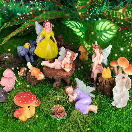 YCCOKJJ Feengarten Zubehör Set 21 Pcs Mini Feengarten Deko, Elfen-Figuren Garten Feenhaus Ornamente, Miniatur Harz Fee Statue für Mini Landschaft Pflanzkübel, Puppenhaus & Kuchengarnitur