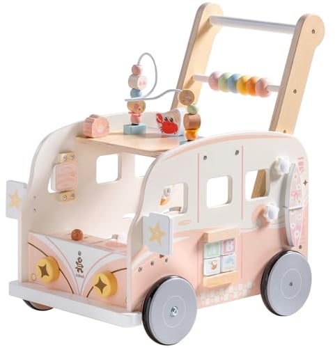 ROBUD Baby Lauflernhilfe Holz, Interaktiver Lauflernwagen, Einstellbare Geschwindigkeit & Höhe Baby Walker, Motorikspielzeug Geschenk für Kleinkinder ab 10 Monaten-1-2 Jahren (Rosa)