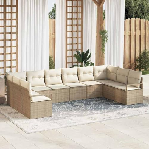 Hoopleep Gartensofa-Set 10-teilig, Beige-Weiß, Poly-Rattan, Modulares Outdoor-Sofa mit Kissen, wetterfest für Terrasse, Balkon