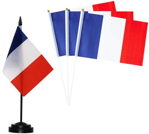 Pack de 30 - Drapeaux à Main France et 1 Drapeau De Table, 14x21cm, Mini Drapeaux France, Petits Drapeaux sur Bâtons, Décorations de Fête, événements, Coupe du Monde, Célébration Fête Nationale