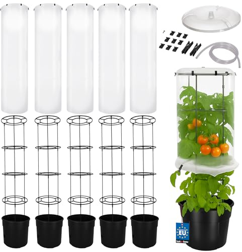 KOTARBAU® Tomatenturm mit Tomatenhaube, Tomaten Rankhilfe, Komplettset, PVC | 5er Set Tomatentopf mit Rankhilfe & Wasserspeicher ⌀ 39 cm + Schutzfolie für Tomatenpflanzen, 153 cm hoch, Gurken Pflanztopf