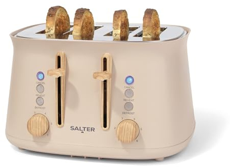 Salter Malmö 4-Slice Toaster – Extra Wide Slots for Thick Bread & Bagels, 6 Browning Levels, Defrost, Reheat, Cancel & High-Lift Eject, Removable Crumb Tray, Nordic Design, 1630 W, Stone