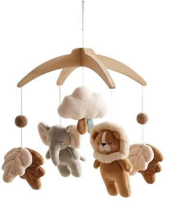 Safari Dschungel Plüsch Baby Mobile,Elefant Löwe und Blätter Holz Handgemachte Windspiel für Babybett, Mobile Baby für Jungen und Mädchen, Kinderzimmer Deko Geschenk Neugeborenen (Safari Dschungel)