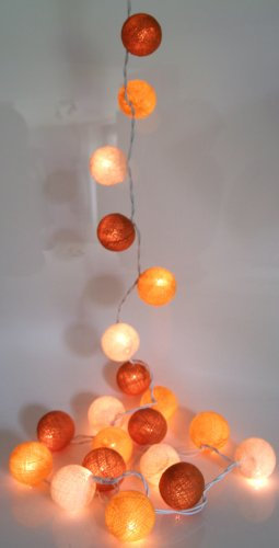 GURU SHOP Stoff Ball Lichterkette, 20`er LED Kugel Lampion Lichterkette - Gelb/braun/weiß, 7x7x350 cm