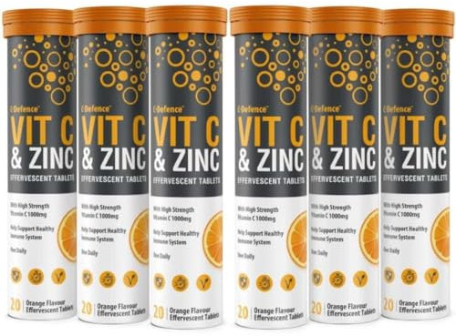 Vitamin C 1000mg & Zinc 15mg Orange Flavour Effervescent Tablets by Club Vits (6 Tubes of 20 Tablets)