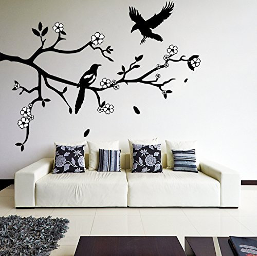 (240 x 184 cm Sticker Mural en vinyle Branches d'arbre, oiseaux et feuilles de chute Blanc fleurs 2 couleurs Art Decor Wall Sticker Free hasard en cadeau !