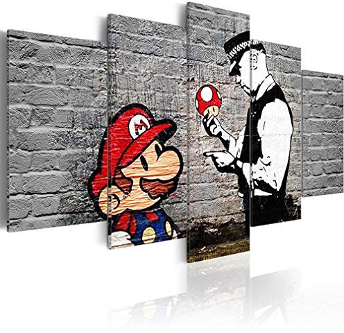 decomonkey Bilder Mario Banksy 200x100 cm 5 Teilig Leinwandbilder Bild auf Leinwand Wandbild Kunstdruck Wanddeko Wand Wohnzimmer Wanddekoration Deko Street Art Ziegel