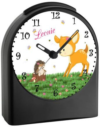 CreaDesign, WU-50-1015, REH, analog Kinderwecker schwarz, Funkwecker ohne Ticken, mit Licht, personalisiert mit Namen, 9,6 x 5,5 x 11,9 cm, 104 g