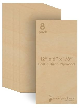3 mm Baltic Birch Plywood 1/8 x 6 x 12 Inch, Box of 8 B/BB Grade Craft Wood, Stronger Than Basswood Sheets, for Laser, CNC Cutting and Wood Burning, by Woodpeckers