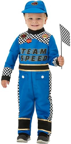 Smiffys Rennfahrerkostüm für Kleinkind, Blau, mit Jumpsuit, Mütze und Flagge