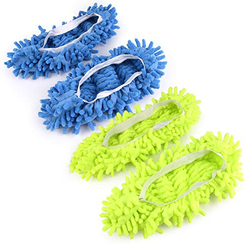 TUPARKA 2 Pairs Mop Slippers Mop Shoe Microfibre Slippers for Cleaning Multi-Function Floor Cleaning Shoe Covers (Green and Blue)