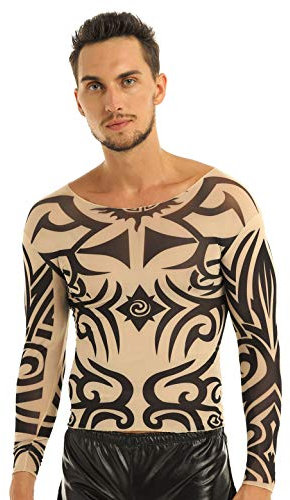 inlzdz Mens Arts Fake Tattoo Shirt Long Sleeve Top T-Shirt Halloween Festival Fancy Dress Clubwear Nude&Black D One_Size