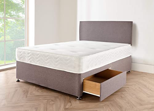 Divan Beds Deals Luxurious Grey Linen Look Small Double Bed with Mattress Included Spring Memory Foam | Simple 20 Plain Headboard | Small Double Bed Frame with 2 Supportive Storage Drawers