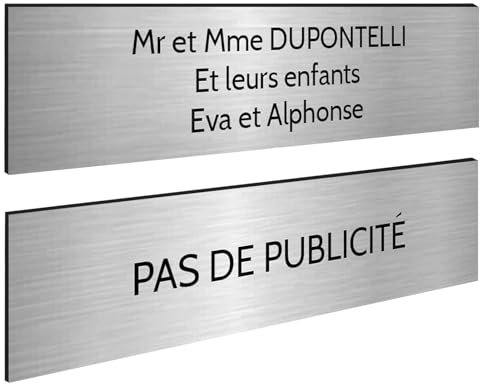 DECOHO - Plaque Boite aux Lettres Personnalisable - Lot de 2 plaques adhésives PMMA Argent-Noir - 100 x 25 mm - Gravure Laser, Stop pub i - Argent
