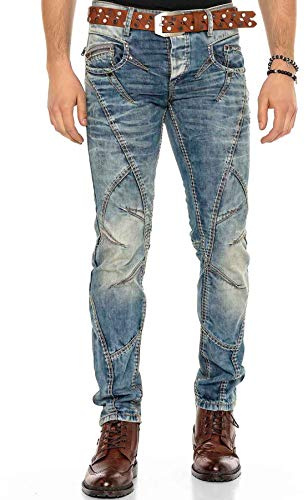 Cipo & Baxx Herren Jeans C-0894 – Slim Fit Jeans Hose, Modern Denim Mittelblau mit auffälligen Kontrastnähten, Stylische langlebige Herren Freizeithose im Used-Look - C-0894-STANDARD-W46-L34
