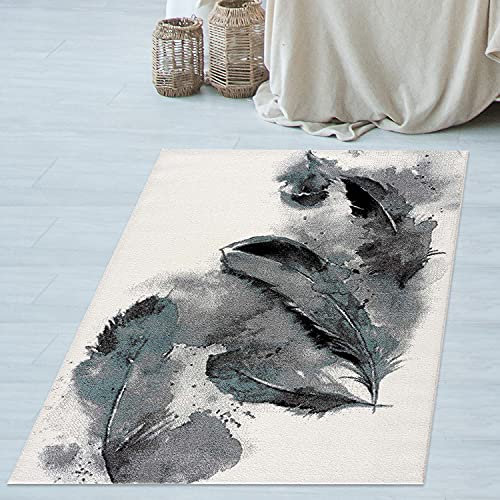 payé Teppich Wohnzimmer - Modern Federn - Boho Creme - 140x200cm - Kurzflor - Kinderzimmer - Jugendzimmer - Schlafzimmerteppich