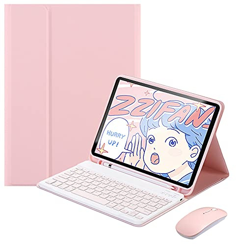 QYiD Custodia con Tastiera e Mouse per iPad PRO 12.9 2021/2020/2018, Ultrathin Custodia con Tastiera e Mouse Bluetooth staccabile per 12.9 iPad Pro, Auto Svegliati/Sonno, Rosa