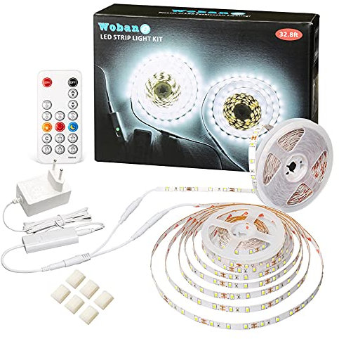 WOBANE LED Strip Weiß Dimmbar 10M Set,12V Selbstklebend LED Streifen,Superhell 6500K Kaltweiss LED Band mit RF Fernbedienung für Innen,Küche,Unterschrank,Esszimmer,Hochzeit,600 LEDs