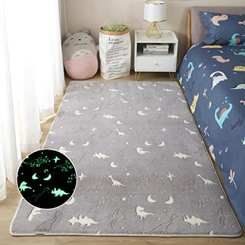 Leuchtend Kinderteppich Wohnzimmer Dekorative rutschfest Spielmatte Schlafzimmer Zuhause Kindergarten Kinderzimmer Teppiche, 3D Mond,Universum,Stern,Dinosaurier Motiv (Dinosaurier,120×200 cm)