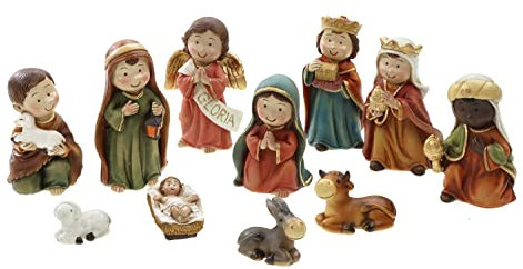ELLUG Mini Krippenfiguren Set 11teilig H.: ca. 10cm Weihnachtsdeko Weihnachtskrippe Krippenzubehör aus Polyresin