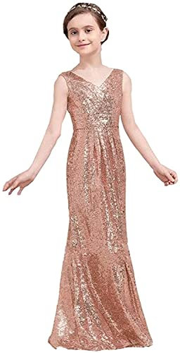 Fuomomo Sequins Wedding Flower Girls Dress Party Birthday Prom Kids Dresses V-Neck Pageant Dress Maxi Dress Rose Gold