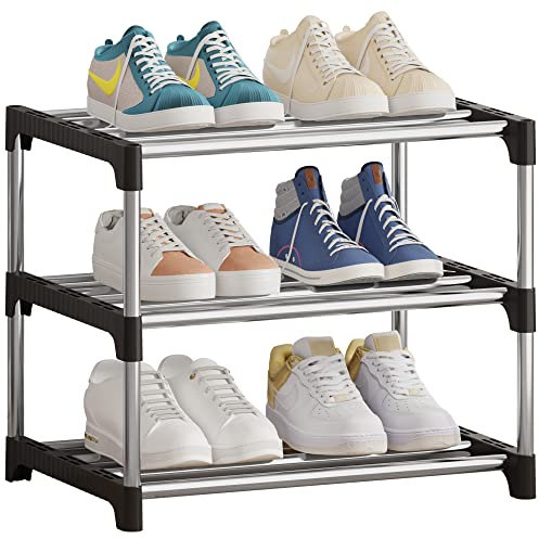 NIAWECAN Small Shoe Rack, 3 Tier Stackable Shoe Rack, Lightweight Shoe Storage Organizer, Sturdy Narrow Shoe Shelf for Closet, Entryway, Hallway