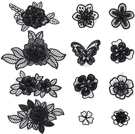 VGOL 12 Stück Schwarze Blumen-Patches Perlenblumen Perlenstickerei-Patches Dekorative Applikation für DIY-Kleidungszubehör