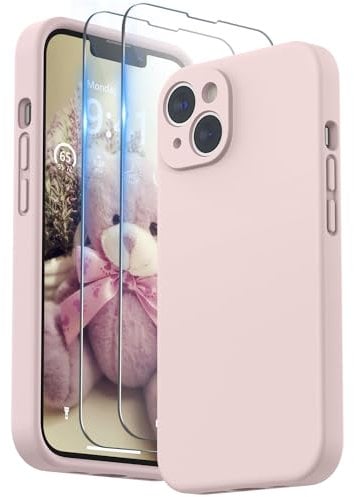 SURPHY Compatible with iPhone 14 Case with Screen Protector, Liquid Silicone Protection for Each Lens Shockproof Thickened Rubber Cover for iPhone 14 6.1 inch 2022, Pink Sand
