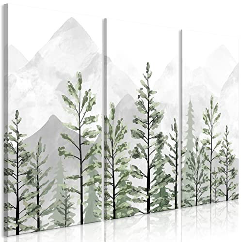decomonkey Bilder Abstrakt Wald 120x80 cm 3 Teilig Wandbild Groß Leinwandbild XXL Deko Wohnzimmer Schlafzimmer Büro Wanddeko Leinwand Pictures For Wall Poster Berge Weiß Grün Grau Bäume Natur