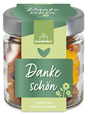 Dankeschön Fruchtgummis | Das kleine Dankeschön für Frauen, Männer, Familie, Freunde, Nachbarn oder Kollegen | Danke sagen Süßigkeiten-Geschenk Glas