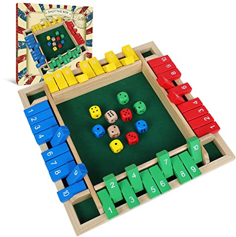 GOTHINK Shut The Box Dice Game with 10pcs Dices 12 inch Colorful Design Traditional Wooden Table Math Board Game 10 Numbers for Kids Adults, Family Classroom Home or Pub Bar 1-4 Players