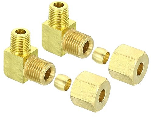 PATIKIL G1/8 Male x 6mm Tube OD Brass Compression Tube Fitting, 2 Pack 90 Degree Elbow Pipe Tube Fitting for Plumbing, Hose Connector