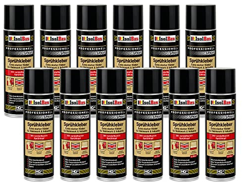 Isolbau Sprühkleber 12 x 500 ml - Extra starker Kleber für Heimwerk & Industrie - Klebe-Spray für Schaumstoff, Holz, Stoff, Leder, Filz uvm