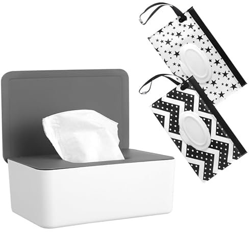ALTcompluser 1 Stück Baby Feuchttücher Box und 2 Stück Baby Feuchttücher Spenderbeutel Set Toilettenpapierbox Spender Wiederverwendbar Wet Wipe Tasche Feuchttücher Behälter für Unterwegs Zuhause Büro
