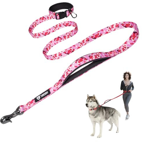 TSPRO Freihandleine Hund für Mittel bis Große Hunde, Verstellbar und Dauerhaft, mit Weichem Gepolstertem Griff und Metallschnalle (Camo Rosa)