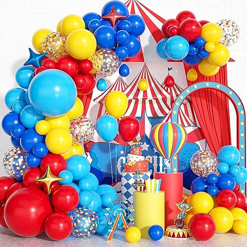 Zirkus Geburtstag Deko Ballon Girlande Bunt Set, Rot Gelb Pastell Blau Konfetti Luftballon Girlande mit Stern Folienballons für Karneval Kinder Geburtstagsdeko Kindergeburtstag Party Dekoration