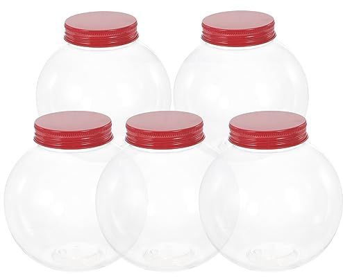 Ciieeo 5pcs Spherical Plastic Candy Jar Globe Shaped Candy Jar Transparent Round Candy Bottle for Candy Chocolate Snack Storage (Red Lid)