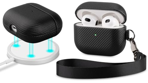Haobobro [Mag Series] Magnetische AirPods 3 Hülle Case mit Trageband und Karabiner - AirPods 3. Generation Hülle Cover - Stoßdämpfende Schutzhülle mit Karbonfaser Textur Finish - Schwarz Tasche
