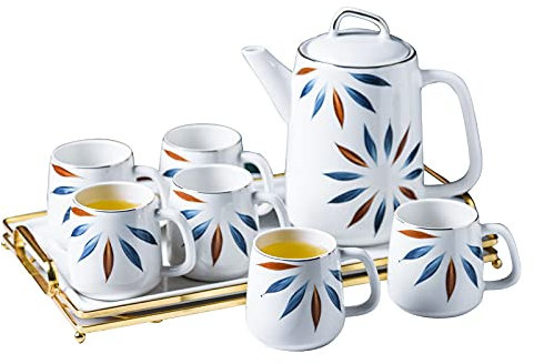 HWSY Utility 8-teiliges Porzellan-Teeservice für Erwachsene, Keramik-Kaffeesets, nordisches buntes Blättermuster, Teeservice für Haushalt und Party, Teekannen Interesting