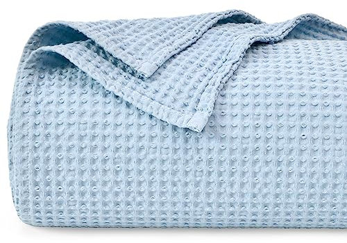 PHF 100% Baumwolle Decke 150x200cm, Weiche Waffelpique Tagesdecke, Leichte Kuscheldecke Wohndecken, Überwurf für Sofa Seesel Bett, 150x200cm, Himmelblau