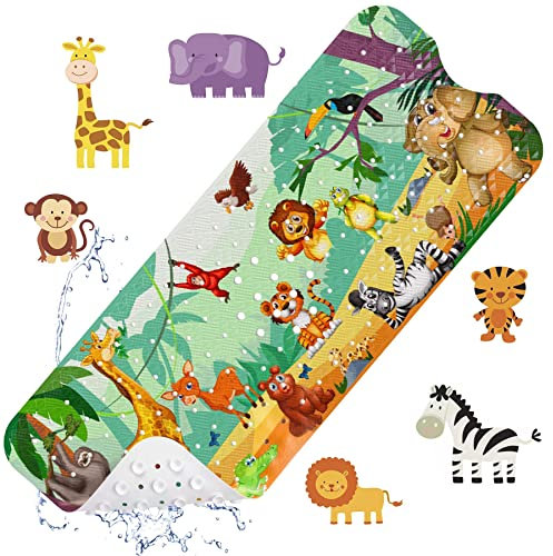 Tapis de Baignoire Antidérapant Bebe, 100x40cm Tapis de Bain Anti Glisse Tapis de Douche Résistant avec 200 Ventouse pour Enfants et Bébé, Matériel de PVC sans BPA Lavable en Machine (Zoo)