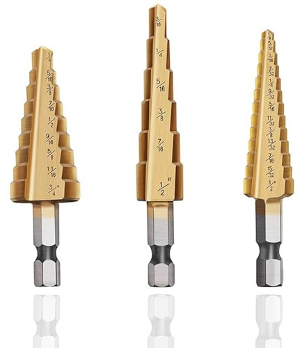 3Pcs Titanium Step Drill Bit Set, High Speed Steel Titanium Coated Drill Bits, 1/8 - 3/4 Total 28 Sizes for Plastic, Wood, Sheet Metal, Aluminum Hole Drilling